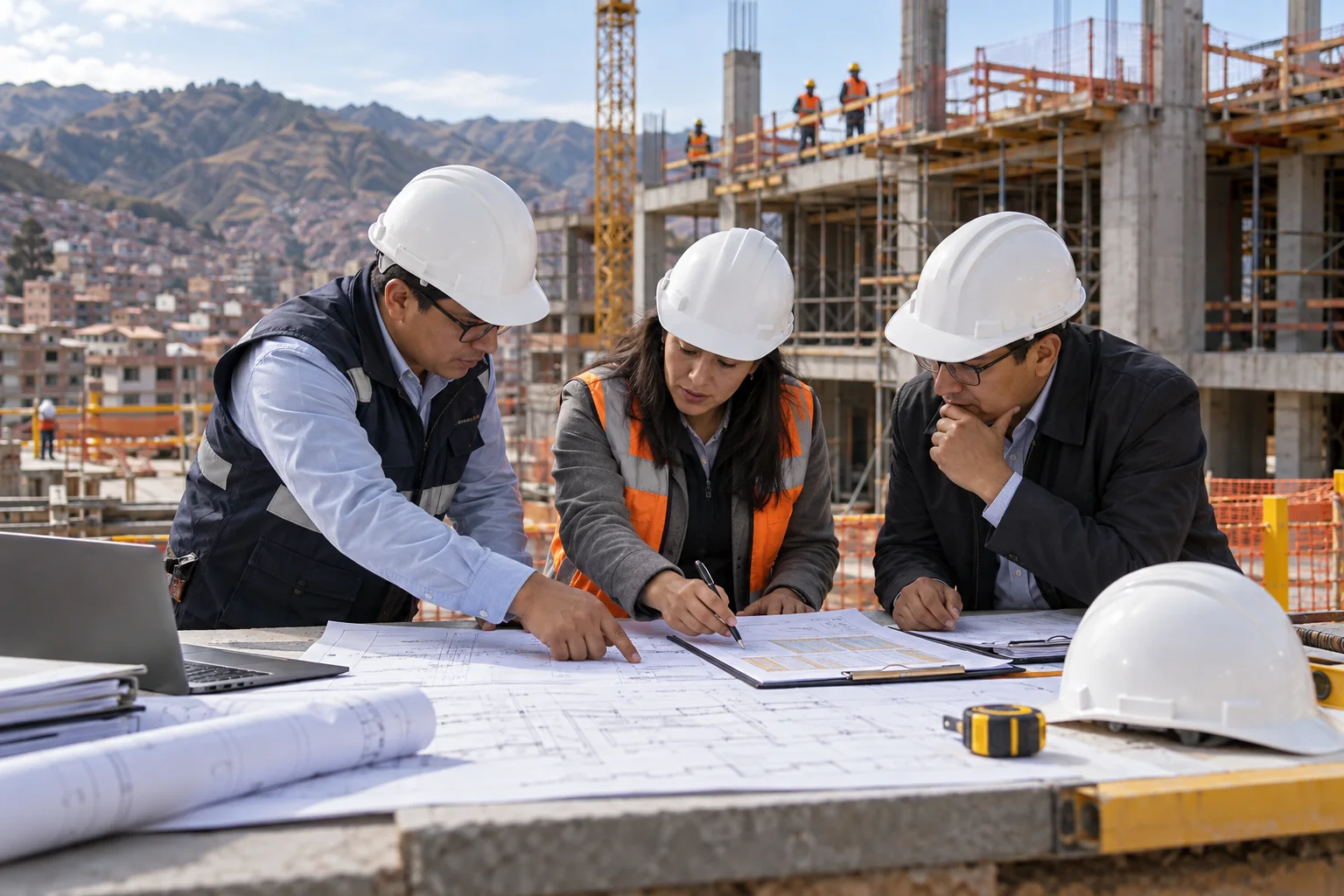Equipo técnico revisa planos y costos de una obra pública en construcción