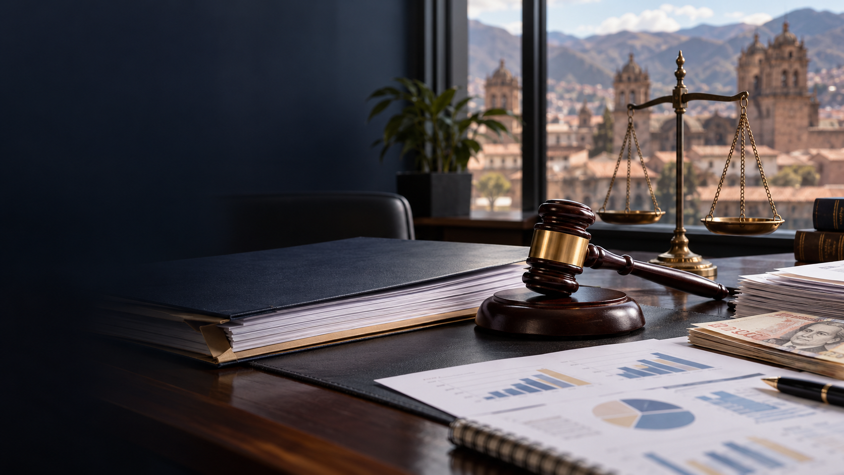 Documentos financieros, balanza y mazo judicial en una oficina de análisis legal en Cusco