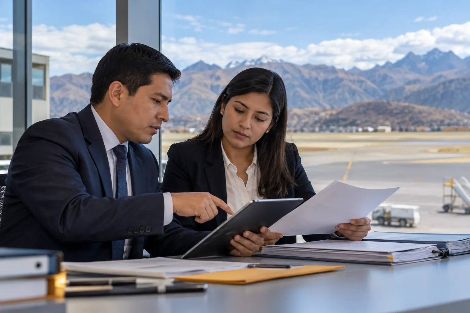 Especialistas revisan requisitos de certificación aeronáutica en una oficina aeroportuaria andina