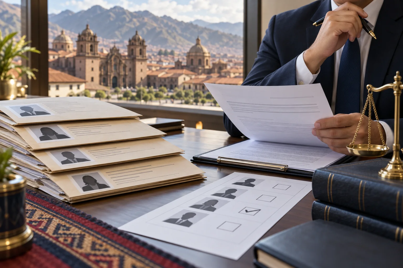Abogado revisando expedientes y declaraciones juradas de candidaturas electorales