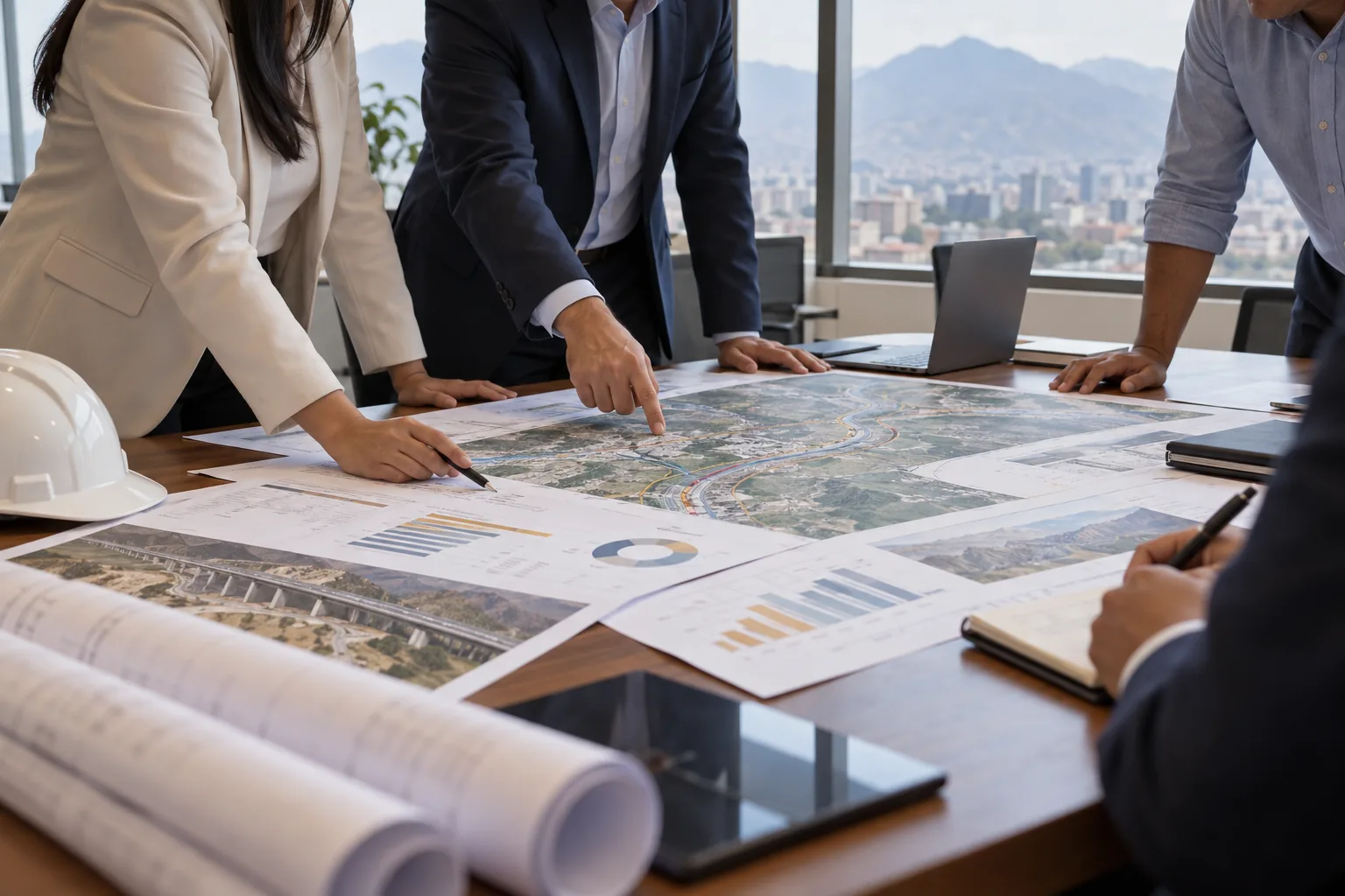 Equipo profesional revisando mapas y planes de infraestructura para inversión público-privada en el Perú