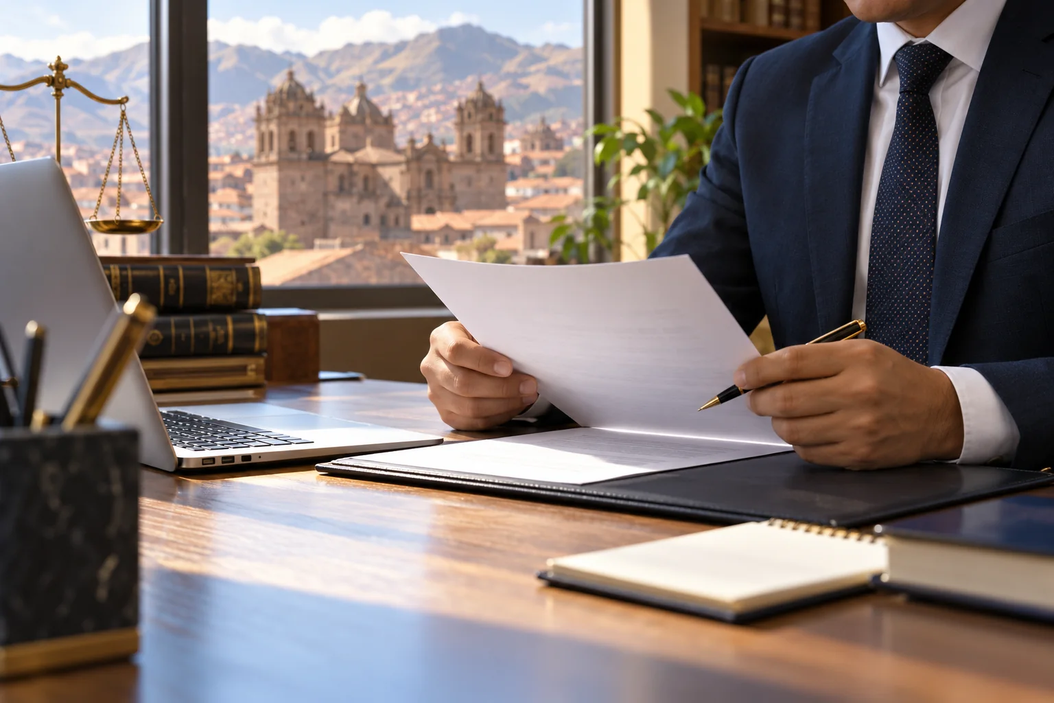 Abogado en Cusco revisando documentos de representación y poderes