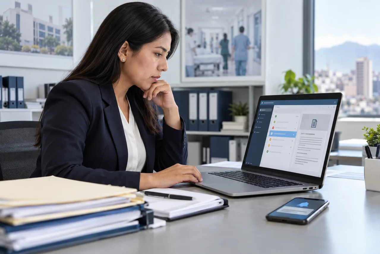 Profesional revisando una notificación administrativa electrónica en una computadora