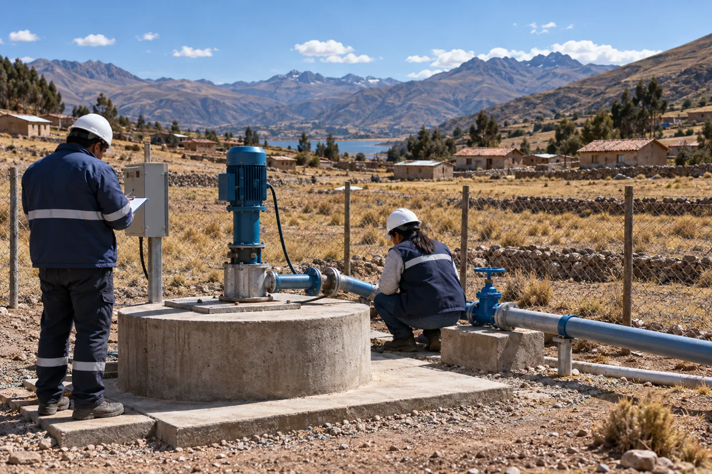 Técnicos inspeccionan un pozo de abastecimiento de agua en una comunidad altoandina