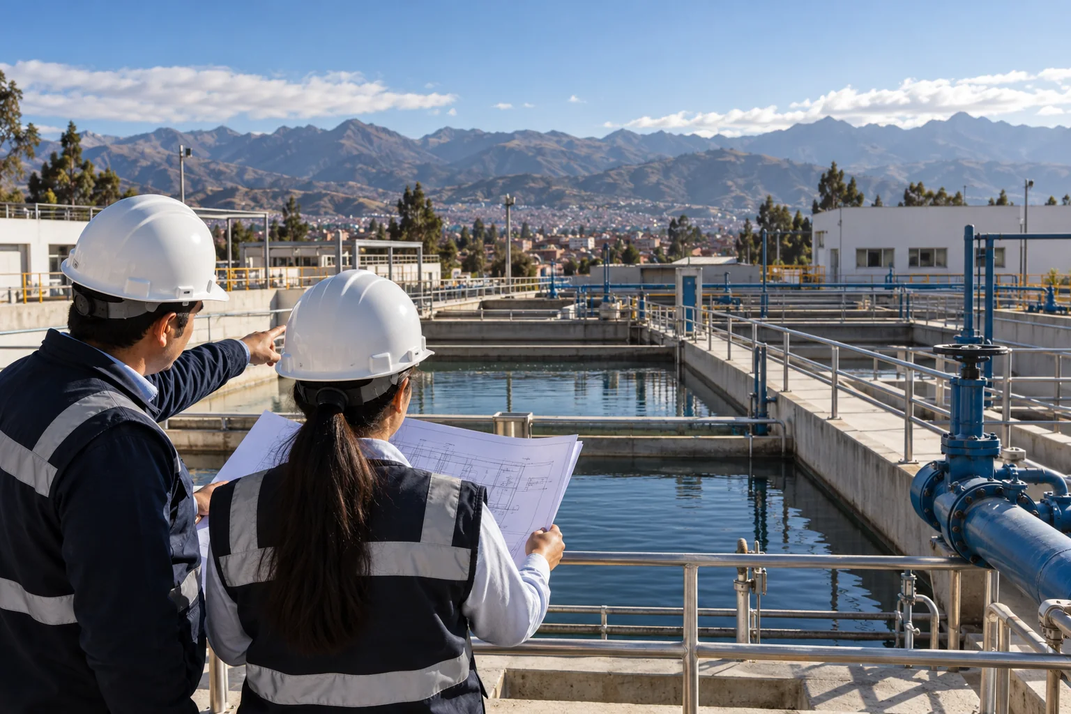 Profesionales inspeccionan una planta de tratamiento de agua en una ciudad andina