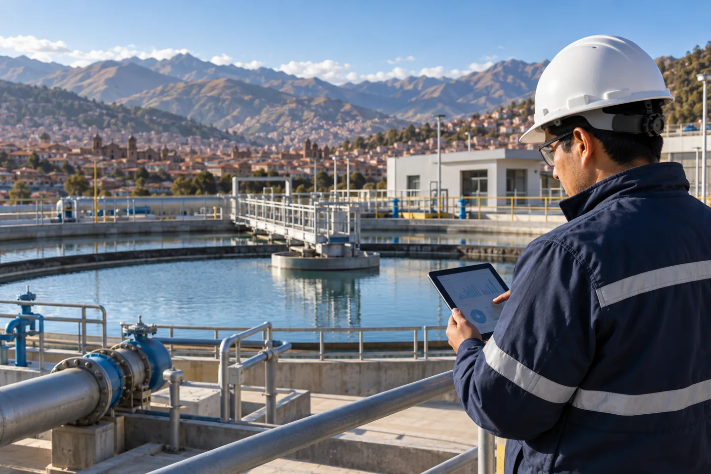 Especialista revisa datos técnicos en una planta de tratamiento de agua de una ciudad andina