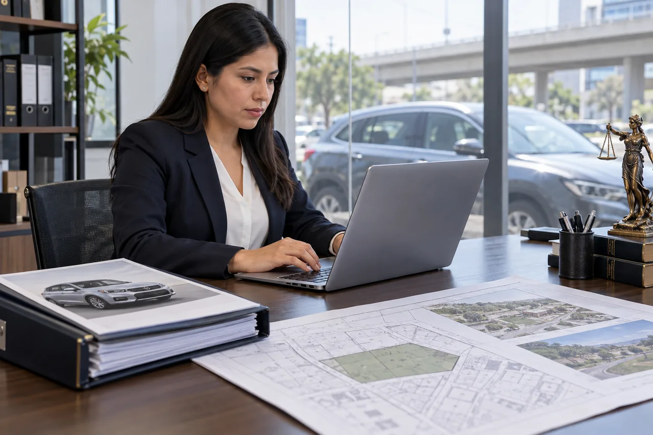 Profesional preparando documentos digitales para trámites registrales vehiculares y prediales