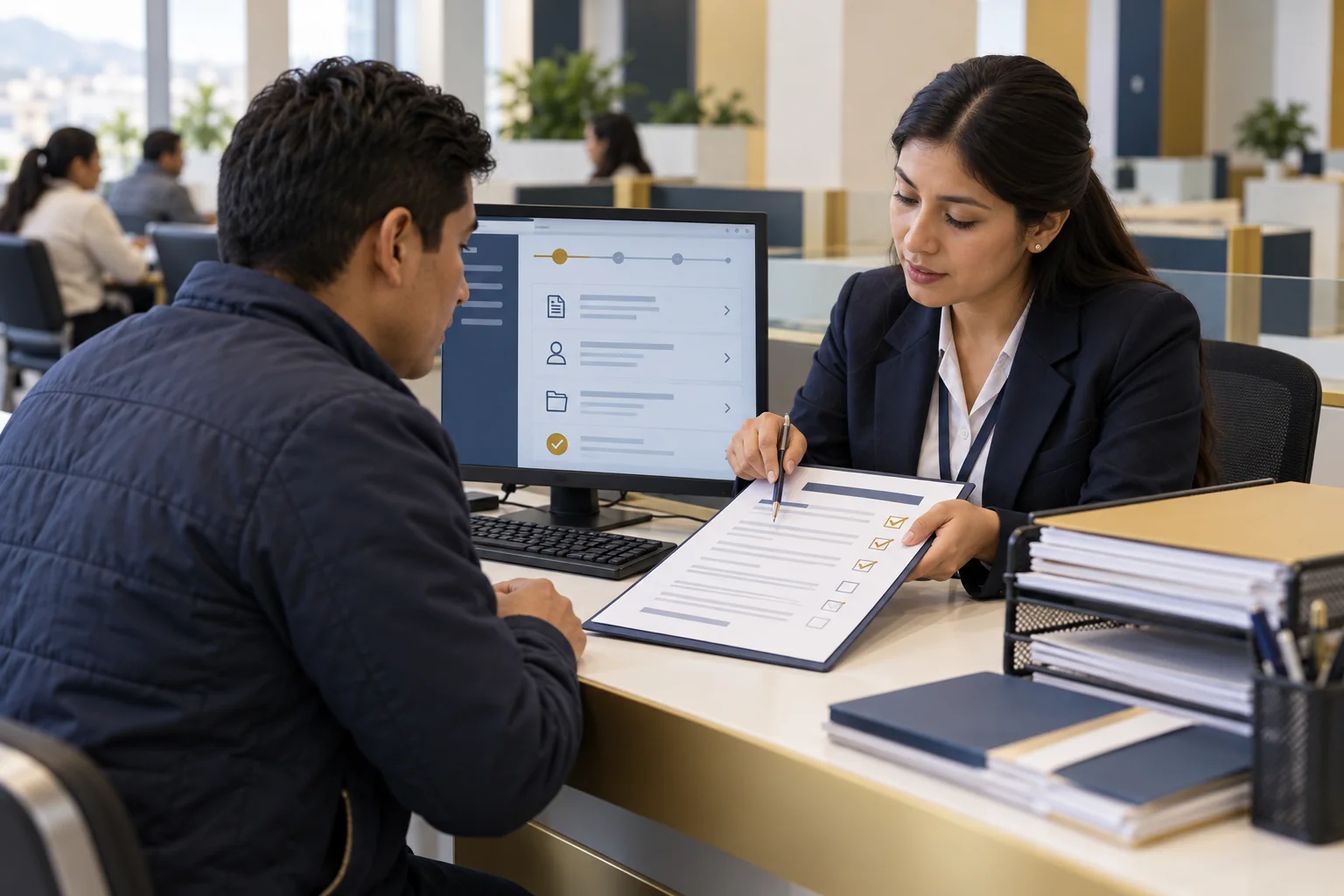 Ciudadano revisando requisitos de un procedimiento administrativo en una oficina pública