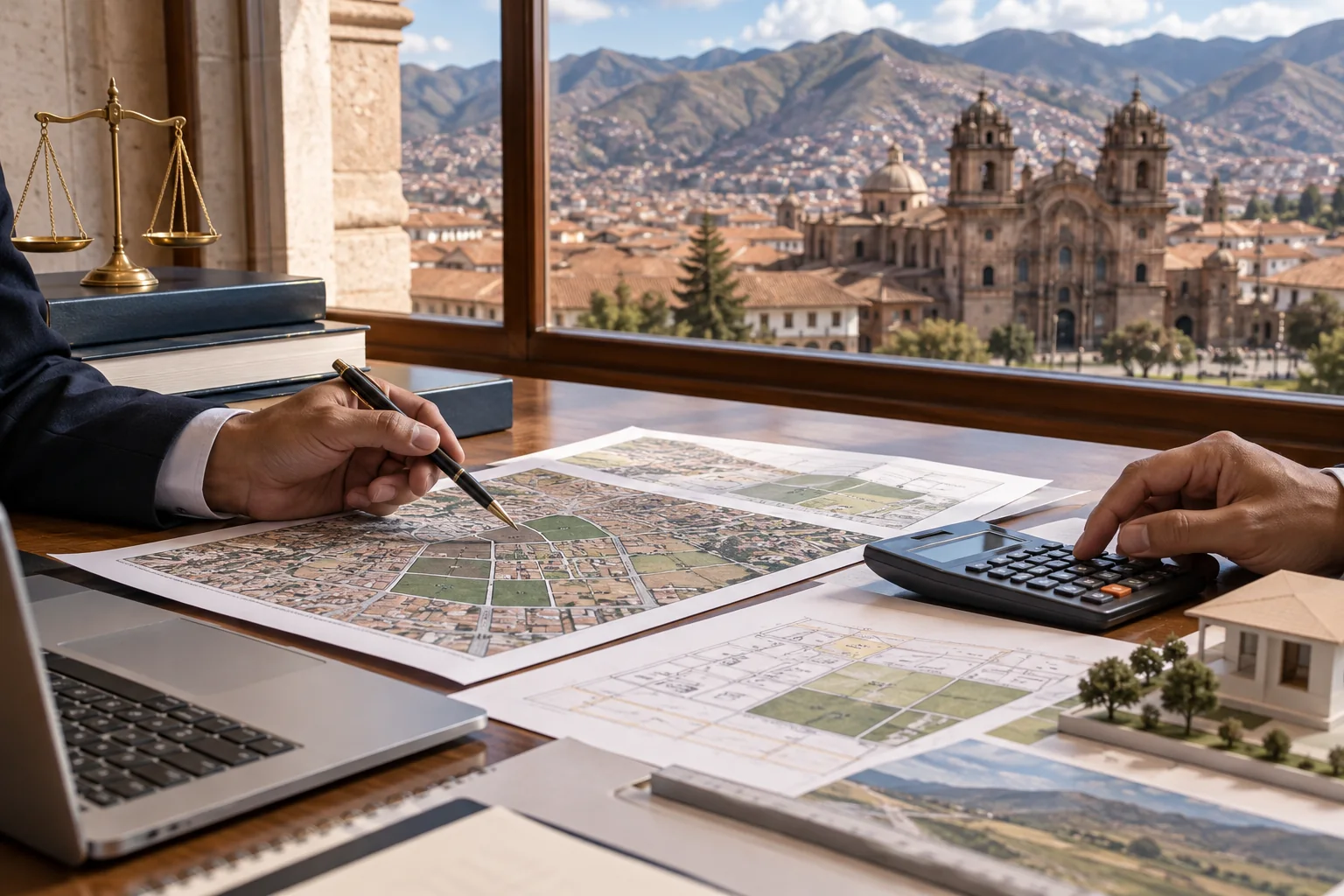 Especialistas revisando planos y valores de terrenos urbanos y rurales en Cusco