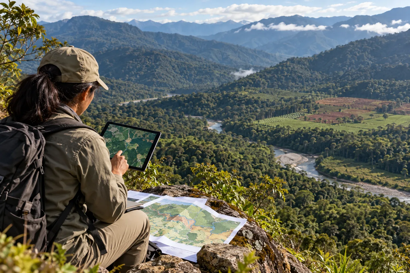 Especialista forestal revisa cartografía digital frente a un paisaje boscoso andino