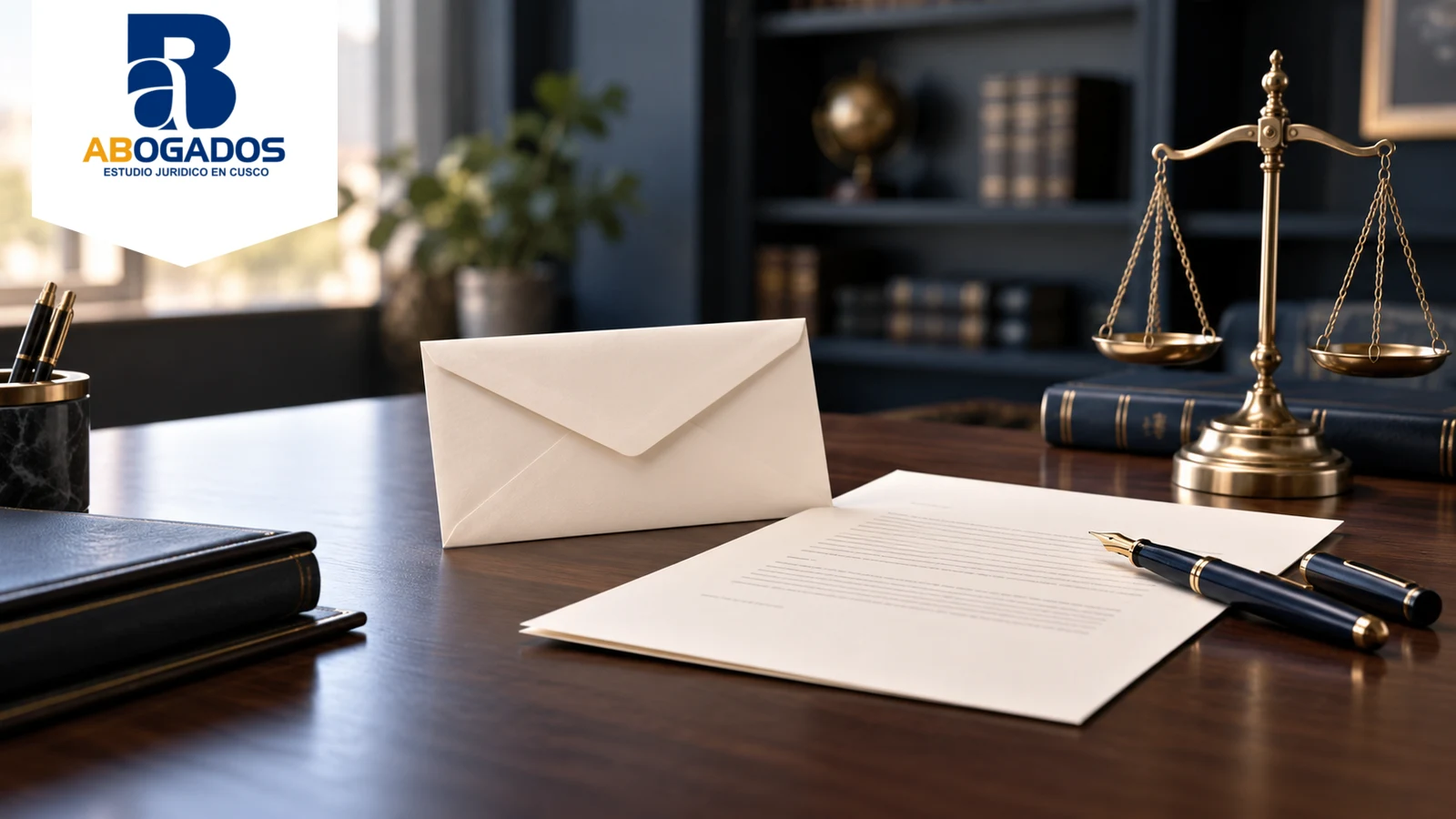 Sobre, documento y balanza que ilustran el diligenciamiento de una carta notarial