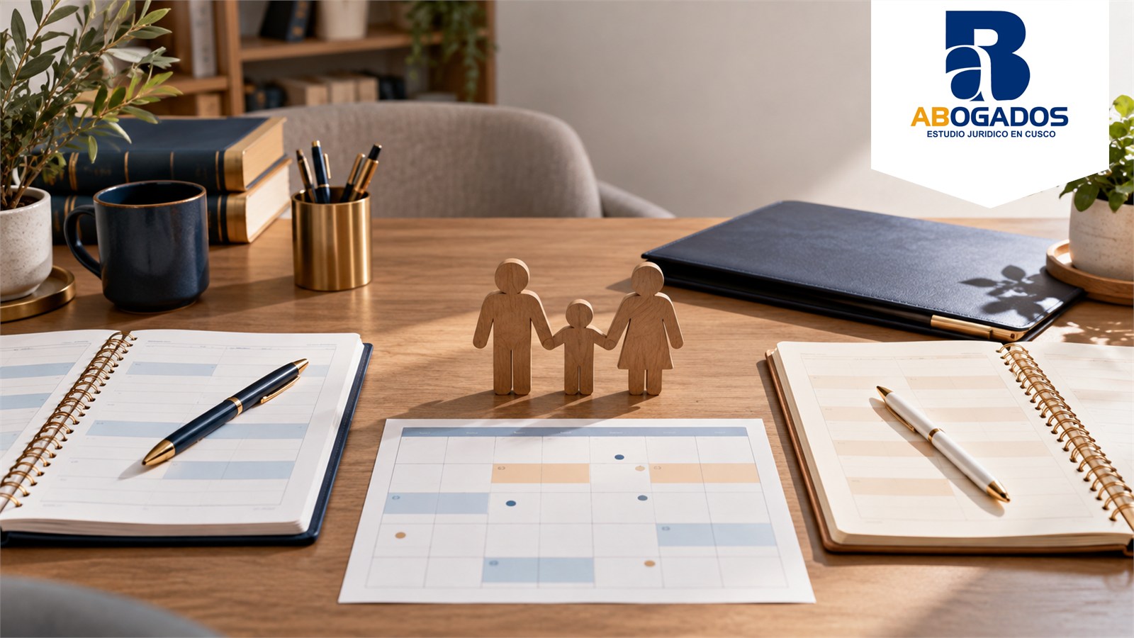 Planificadores y figuras familiares que ilustran la coordinación de la tenencia y las visitas
