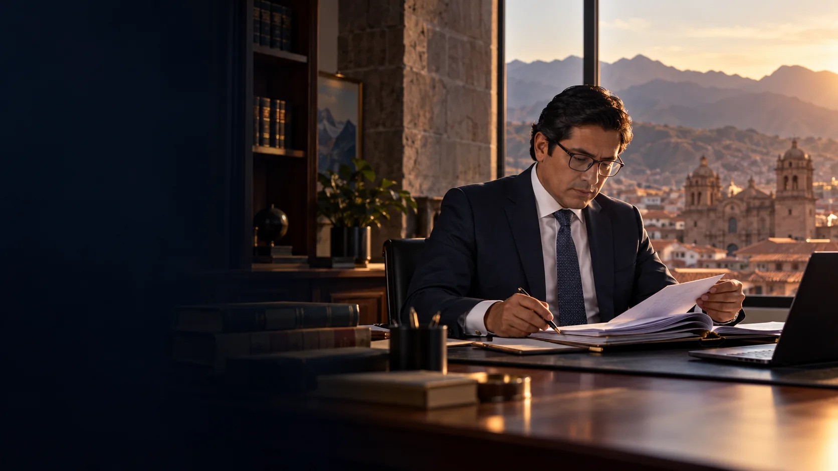 Imagen editorial de un abogado analizando una estrategia legal en Cusco